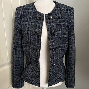 Tahari ASL Blue Plaid Long Sleeve Hook & Eye Closure Peplum Lined Jacket Size 4